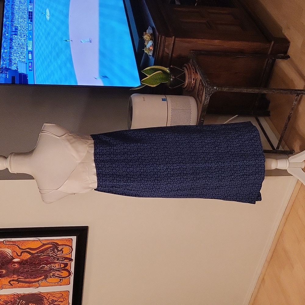 Blue & Pearl White Silk Maxi Dress V Neck Spaghetti Straps Not Linen